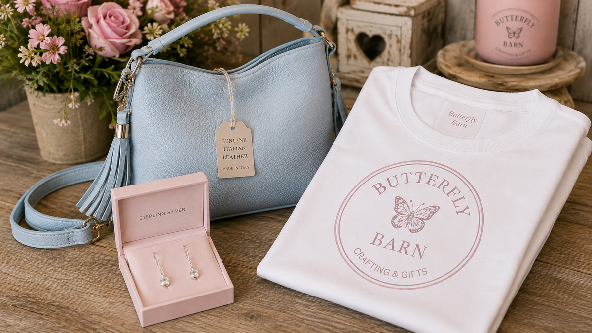 Butterfly Barn gift shop featuring a blue leather handbag, sterling silver earrings, and a branded t-shirt