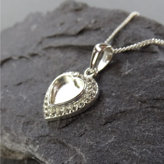 Silver Heart with Cubic Zirconia Stones for Ashes Jewellery