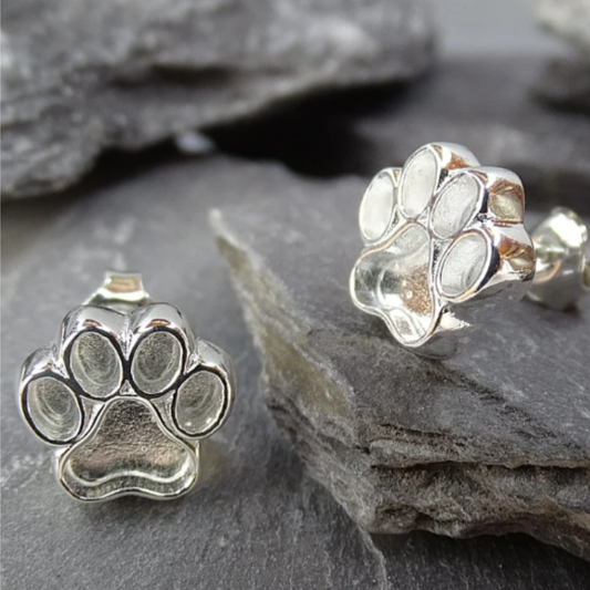 Solid Silver Dog Paw Print Stud Earrings